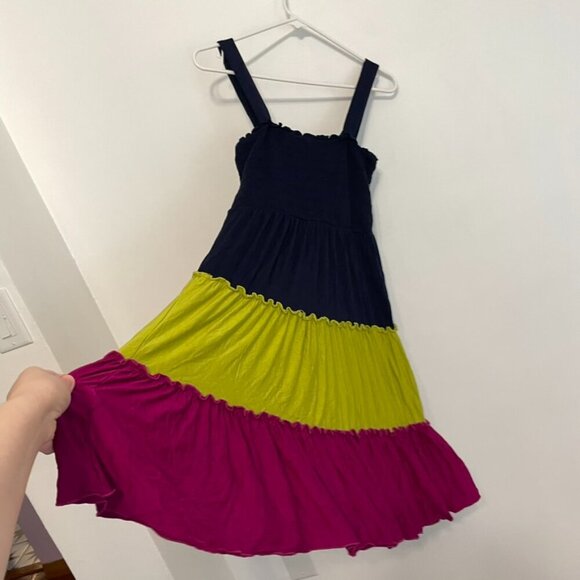 SPENSE Navy Blue Lime Green Fuchsia Smocked Tiered Dress Sundress PETITE Medium - Picture 14 of 14